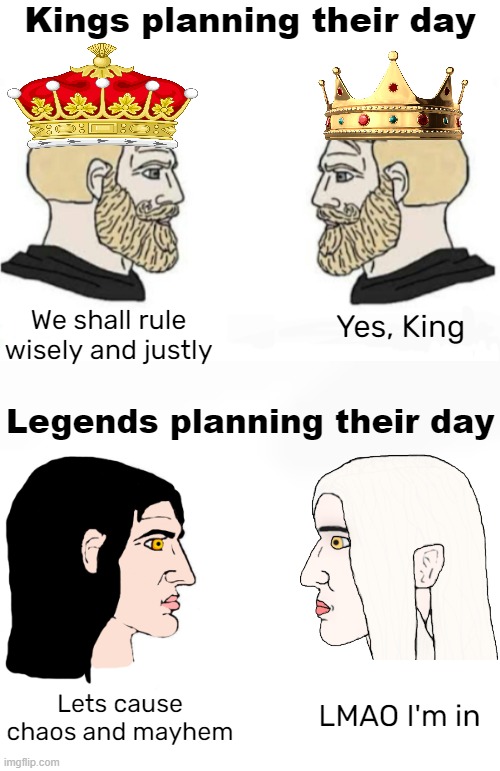 Kings planning their day; We shall rule wisely and justly; Yes, King; Legends planning their day; Lets cause chaos and mayhem; LMAO I'm in | made w/ Imgflip meme maker