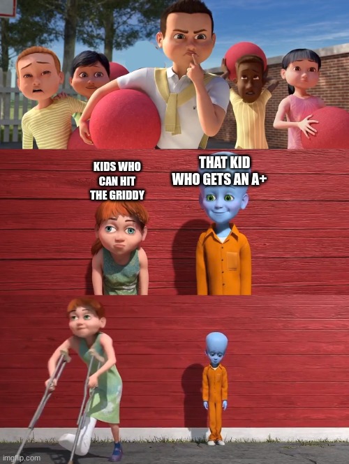 when ur the kid that can play football but your actually picked for volleyball at PE today | THAT KID WHO GETS AN A+; KIDS WHO CAN HIT THE GRIDDY | image tagged in megamind school pick | made w/ Imgflip meme maker