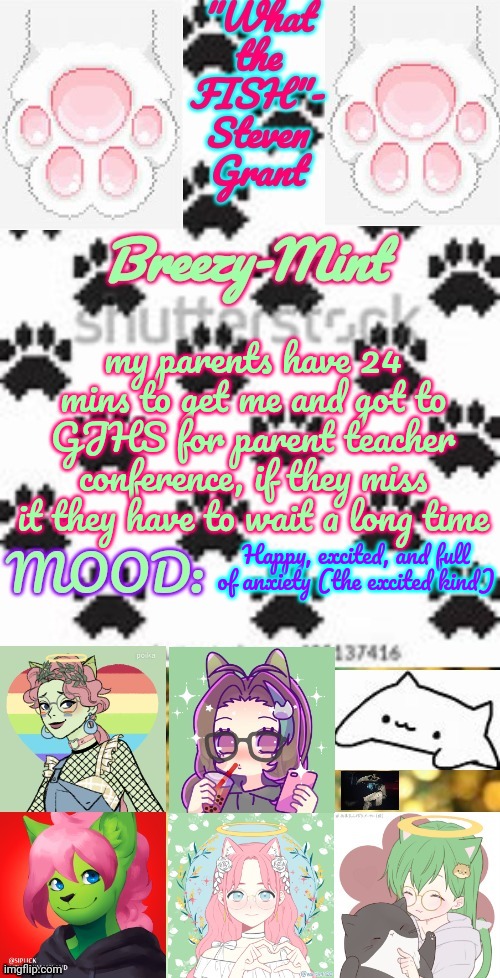 Breezy-Mint | my parents have 24 mins to get me and got to GJHS for parent teacher conference, if they miss it they have to wait a long time; Happy, excited, and full of anxiety (the excited kind) | image tagged in breezy-mint | made w/ Imgflip meme maker