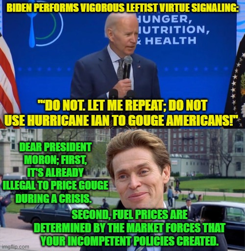 Leftists gotta mindlessly virtue signal. | BIDEN PERFORMS VIGOROUS LEFTIST VIRTUE SIGNALING:; "‘DO NOT. LET ME REPEAT; DO NOT USE HURRICANE IAN TO GOUGE AMERICANS!"; DEAR PRESIDENT MORON; FIRST, IT'S ALREADY ILLEGAL TO PRICE GOUGE DURING A CRISIS. SECOND, FUEL PRICES ARE DETERMINED BY THE MARKET FORCES THAT YOUR INCOMPETENT POLICIES CREATED. | image tagged in prices | made w/ Imgflip meme maker