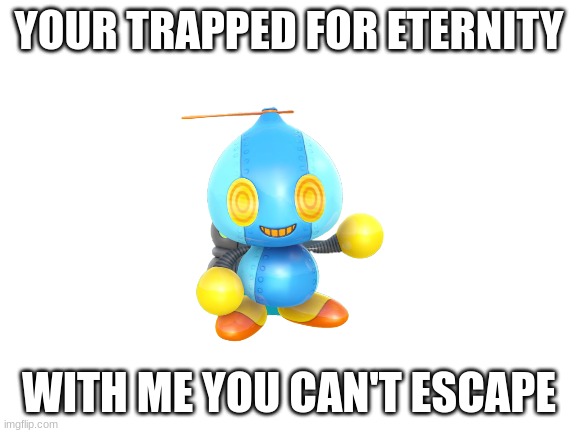 This Should Be The Anti-Piracy Screen For Sonic Adventure 2 |  YOUR TRAPPED FOR ETERNITY; WITH ME YOU CAN'T ESCAPE | image tagged in blank white template,omochao,sonic adventure 2,anti-piracy,screens | made w/ Imgflip meme maker