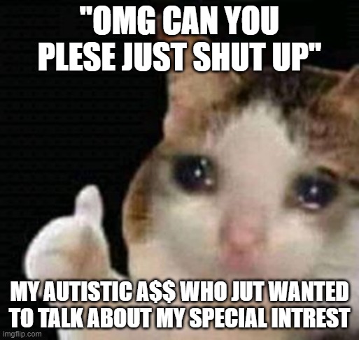sad thumbs up cat | ''OMG CAN YOU PLESE JUST SHUT UP''; MY AUTISTIC A$$ WHO JUT WANTED TO TALK ABOUT MY SPECIAL INTREST | image tagged in sad thumbs up cat | made w/ Imgflip meme maker