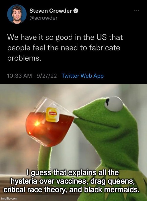 Fabricated Problems | I guess that explains all the hysteria over vaccines, drag queens, critical race theory, and black mermaids. | image tagged in memes,but that's none of my business,critical race theory,anti vax | made w/ Imgflip meme maker