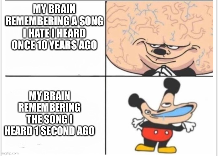 ? | MY BRAIN REMEMBERING A SONG I HATE I HEARD ONCE 10 YEARS AGO; MY BRAIN REMEMBERING THE SONG I HEARD 1 SECOND AGO | image tagged in mickey mouse brain,memes,funny,music,mickey mouse | made w/ Imgflip meme maker