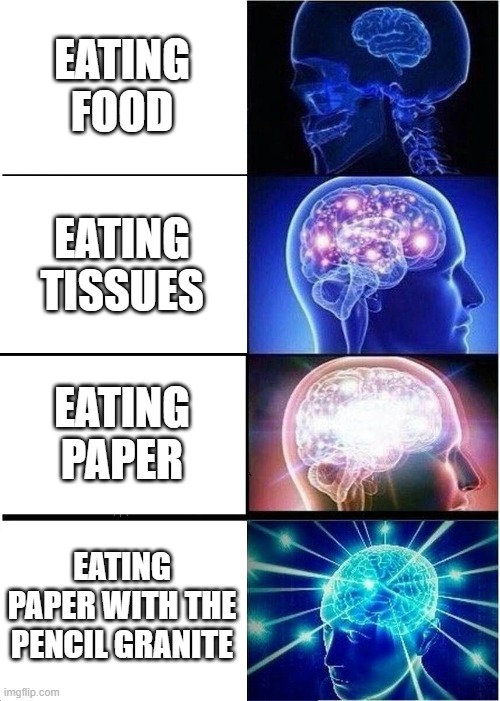 EATING FOOD EATING TISSUES EATING PAPER EATING PAPER WITH THE PENCIL GRANITE | image tagged in memes,expanding brain | made w/ Imgflip meme maker