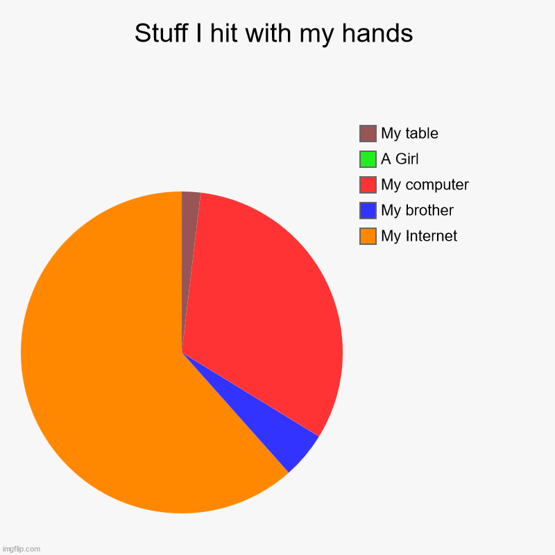 Stuff I smash with my hand | Stuff I hit with my hands | My Internet, My brother, My computer, A Girl, My table | image tagged in charts,pie charts,smash,weird stuff | made w/ Imgflip chart maker