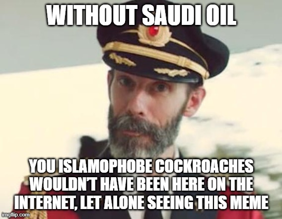 Captain Obvious | WITHOUT SAUDI OIL; YOU ISLAMOPHOBE COCKROACHES WOULDN’T HAVE BEEN HERE ON THE INTERNET, LET ALONE SEEING THIS MEME | image tagged in captain obvious,islamophobia,internet,internet trolls,saudi arabia,memes | made w/ Imgflip meme maker