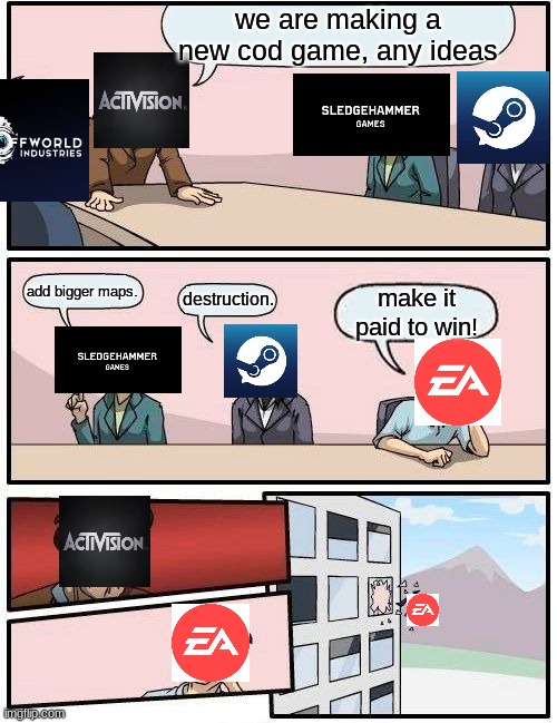 ea be like | we are making a new cod game, any ideas; add bigger maps. destruction. make it paid to win! | image tagged in memes,boardroom meeting suggestion | made w/ Imgflip meme maker