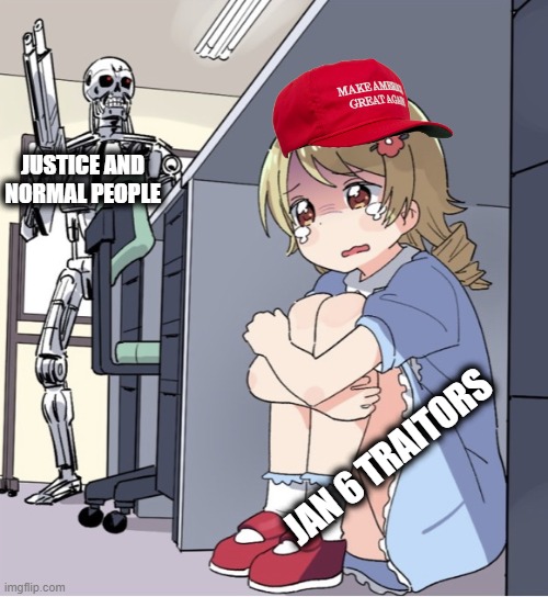 The leaders time is coming | JUSTICE AND NORMAL PEOPLE; JAN 6 TRAITORS | image tagged in anime girl hiding from terminator,memes,maga,politics,treason,lock him up | made w/ Imgflip meme maker