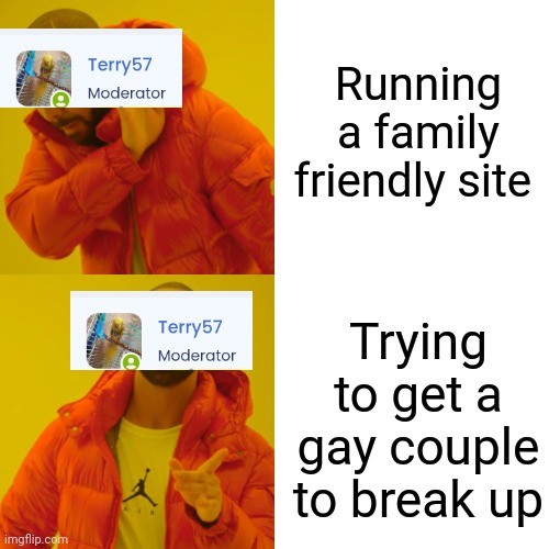 Parrotforums.com ain't the site for you | Running a family friendly site; Trying to get a gay couple to break up | image tagged in memes,drake hotline bling | made w/ Imgflip meme maker