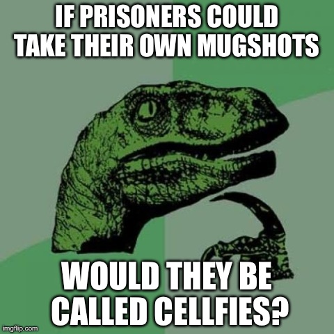 Philosoraptor | IF PRISONERS COULD TAKE THEIR OWN MUGSHOTS  WOULD THEY BE CALLED CELLFIES? | image tagged in memes,philosoraptor,AdviceAnimals | made w/ Imgflip meme maker