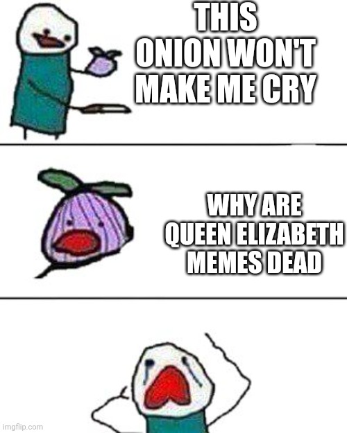 this onion won't make me cry | THIS ONION WON'T MAKE ME CRY; WHY ARE QUEEN ELIZABETH MEMES DEAD | image tagged in this onion won't make me cry | made w/ Imgflip meme maker