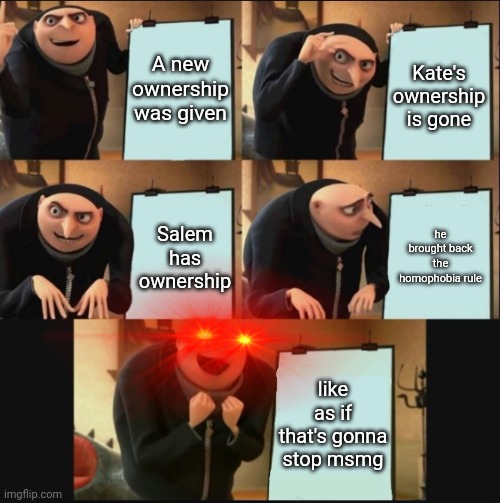 5 panel gru meme | A new ownership was given; Kate's ownership is gone; he brought back the homophobia rule; Salem has ownership; like as if that's gonna stop msmg | image tagged in 5 panel gru meme | made w/ Imgflip meme maker