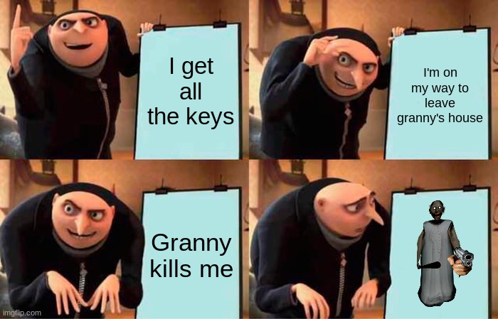 Gru's Plan | I get all the keys; I'm on my way to leave granny's house; Granny kills me | image tagged in memes,gru's plan | made w/ Imgflip meme maker
