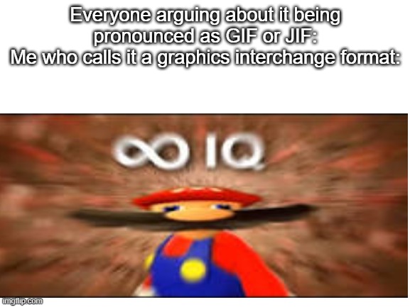 Everyone's wrong now. |  Everyone arguing about it being pronounced as GIF or JIF:
Me who calls it a graphics interchange format: | image tagged in mario infinite i,mario i am four parallel universes ahead of you,gif or jif | made w/ Imgflip meme maker