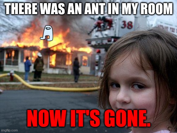 Disaster Girl | THERE WAS AN ANT IN MY ROOM; NOW IT'S GONE. | image tagged in memes,disaster girl | made w/ Imgflip meme maker