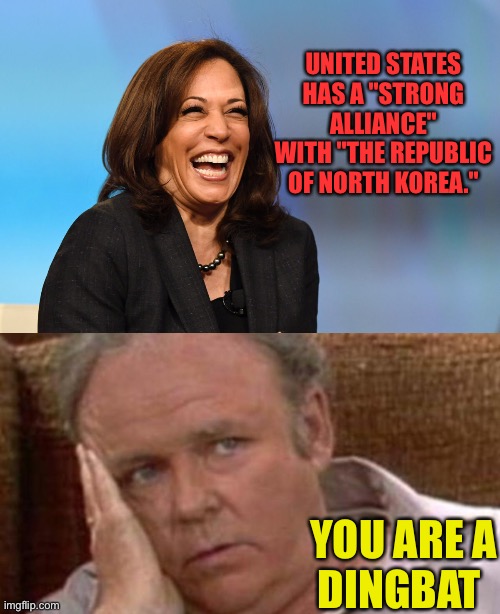 Dingbat | UNITED STATES HAS A "STRONG ALLIANCE" WITH "THE REPUBLIC OF NORTH KOREA."; YOU ARE A
DINGBAT | image tagged in kamala harris laughing,archie bunker,memes,korean drama,first world problems,aint nobody got time for that | made w/ Imgflip meme maker