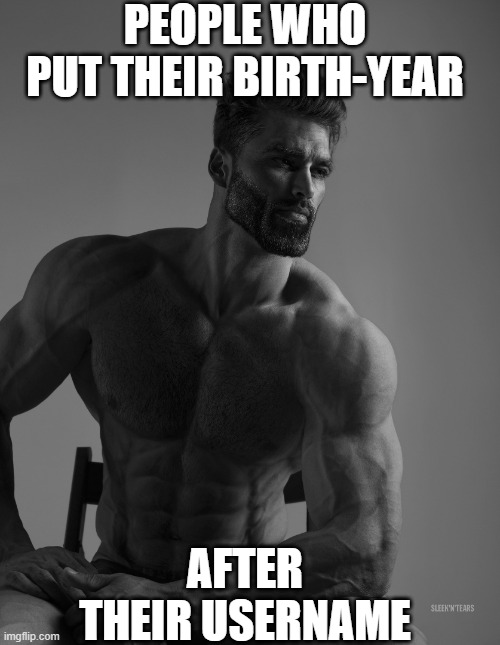 Giga Chad | PEOPLE WHO PUT THEIR BIRTH-YEAR; AFTER THEIR USERNAME | image tagged in giga chad | made w/ Imgflip meme maker