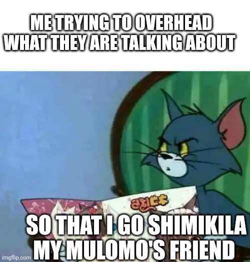 Tom | ME TRYING TO OVERHEAD WHAT THEY ARE TALKING ABOUT; SO THAT I GO SHIMIKILA MY MULOMO'S FRIEND | image tagged in tom | made w/ Imgflip meme maker