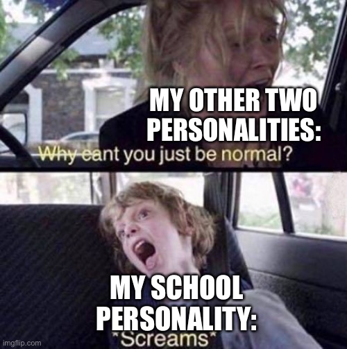 Why Can't You Just Be Normal | MY OTHER TWO PERSONALITIES:; MY SCHOOL PERSONALITY: | image tagged in why can't you just be normal | made w/ Imgflip meme maker