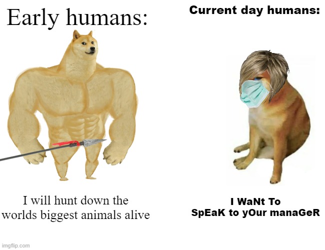 Buff Doge vs. Cheems | Early humans:; Current day humans:; I will hunt down the worlds biggest animals alive; I WaNt To SpEaK to yOur manaGeR | image tagged in memes,buff doge vs cheems | made w/ Imgflip meme maker