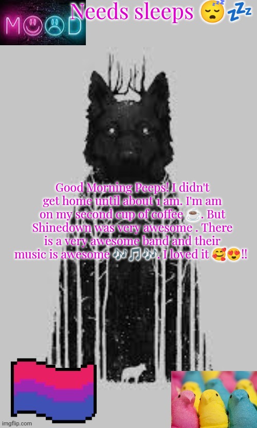 Needs sleeps 😴💤; Good Morning Peeps! I didn't get home until about 1 am. I'm am on my second cup of coffee ☕. But Shinedown was very awesome . There is a very awesome band and their music is awesome 🎶🎵🎶. I loved it 🥰😍!! | image tagged in puppymavrelgirlwolf announcement template | made w/ Imgflip meme maker