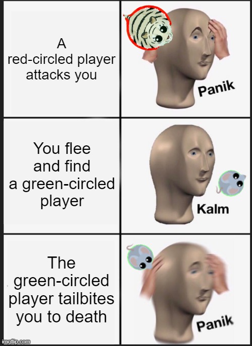 Panik Kalm Panik Meme | A red-circled player attacks you; You flee and find a green-circled player; The green-circled player tailbites you to death | image tagged in memes,panik kalm panik | made w/ Imgflip meme maker