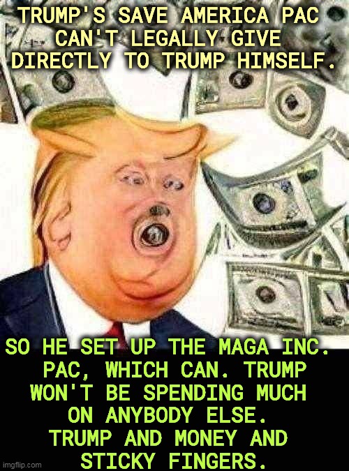 Trump sees money floating by and shouts, "I want a piece of that!" You think I'm kidding? I've got witnesses. | TRUMP'S SAVE AMERICA PAC 
CAN'T LEGALLY GIVE 
DIRECTLY TO TRUMP HIMSELF. SO HE SET UP THE MAGA INC. 
PAC, WHICH CAN. TRUMP
WON'T BE SPENDING MUCH 
ON ANYBODY ELSE. 
TRUMP AND MONEY AND 
STICKY FINGERS. | image tagged in trump,selfish,greedy,money | made w/ Imgflip meme maker