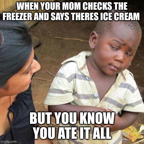 Third World Skeptical Kid | WHEN YOUR MOM CHECKS THE FREEZER AND SAYS THERES ICE CREAM; BUT YOU KNOW YOU ATE IT ALL | image tagged in memes,third world skeptical kid | made w/ Imgflip meme maker