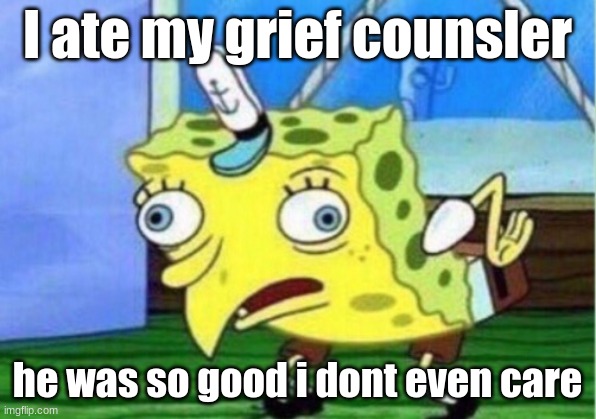 Mocking Spongebob Meme | I ate my grief counsler; he was so good i dont even care | image tagged in memes,mocking spongebob | made w/ Imgflip meme maker