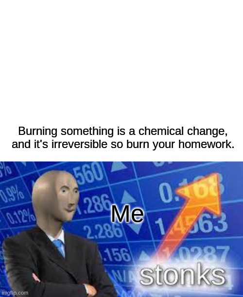 science project | Burning something is a chemical change, and it's irreversible so burn your homework. Me | image tagged in help me | made w/ Imgflip meme maker