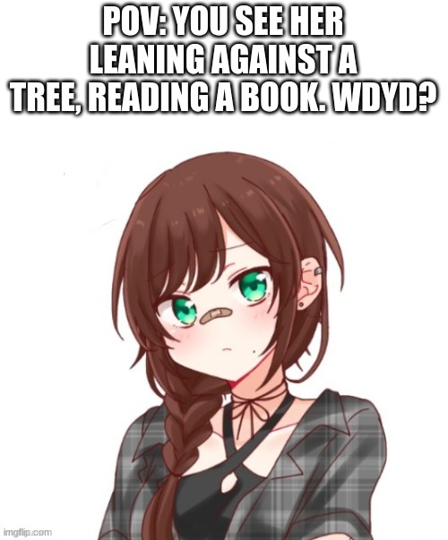 Friendship or romance RP, if romance any gender, no joke or bambi OCs, no ERP, and no killing her. | POV: YOU SEE HER LEANING AGAINST A TREE, READING A BOOK. WDYD? | image tagged in roleplaying | made w/ Imgflip meme maker