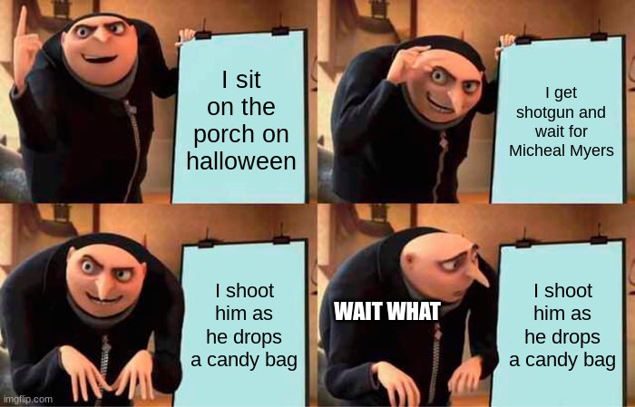 My Halloween be like | I sit on the porch on halloween; I get shotgun and wait for Micheal Myers; I shoot him as he drops a candy bag; I shoot him as he drops a candy bag; WAIT WHAT | image tagged in memes,gru's plan | made w/ Imgflip meme maker