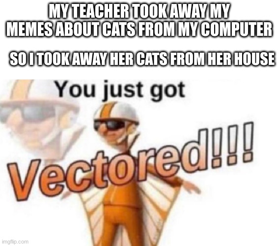 Now change cat into life and house into body. | MY TEACHER TOOK AWAY MY MEMES ABOUT CATS FROM MY COMPUTER; SO I TOOK AWAY HER CATS FROM HER HOUSE | image tagged in get vectored,cats,title,dont judge me,funny | made w/ Imgflip meme maker
