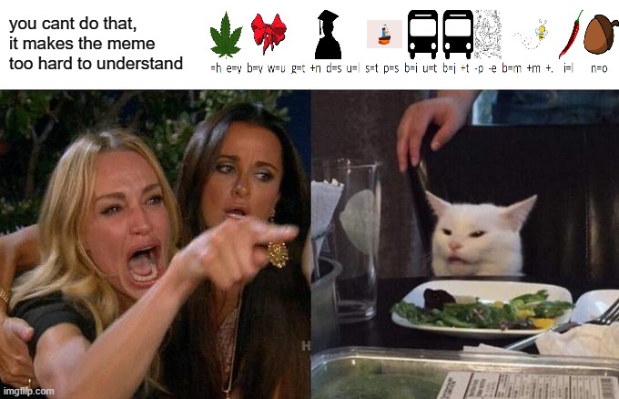 Woman Yelling At Cat Meme | you cant do that, it makes the meme too hard to understand | image tagged in memes,woman yelling at cat,funny,rebus,puzzle,aaaaaaaaaaaaaaa | made w/ Imgflip meme maker