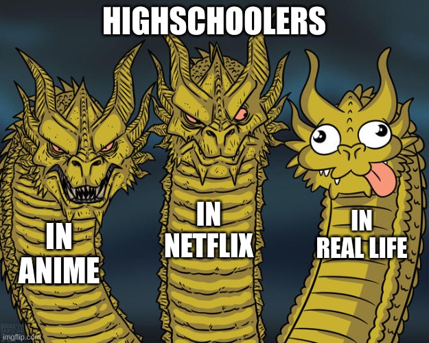 True tho | HIGHSCHOOLERS; IN NETFLIX; IN REAL LIFE; IN ANIME | image tagged in three-headed dragon | made w/ Imgflip meme maker