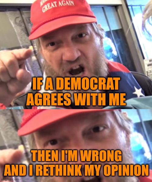 IF A DEMOCRAT AGREES WITH ME THEN I'M WRONG AND I RETHINK MY OPINION | image tagged in angry trumper maga white supremacist | made w/ Imgflip meme maker