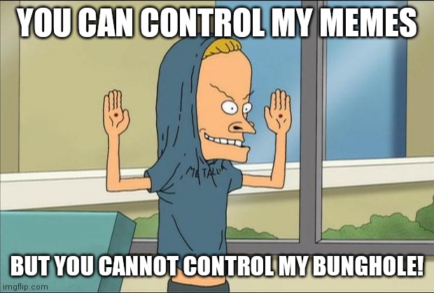 Beavis Cornholio | YOU CAN CONTROL MY MEMES; BUT YOU CANNOT CONTROL MY BUNGHOLE! | image tagged in beavis cornholio | made w/ Imgflip meme maker