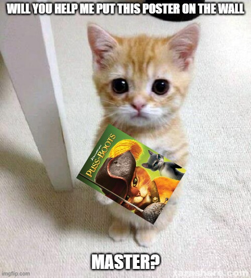 i could never say no | WILL YOU HELP ME PUT THIS POSTER ON THE WALL; MASTER? | image tagged in memes,cute cat,puss in boots,dreamworks | made w/ Imgflip meme maker