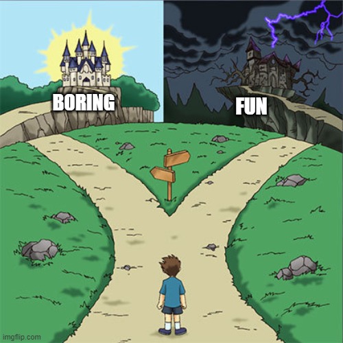 Two Paths | BORING; FUN | image tagged in two paths | made w/ Imgflip meme maker
