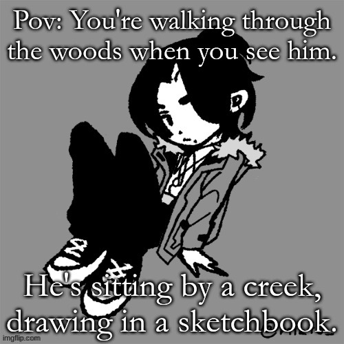 Wdyd (male preferred if romance) | Pov: You're walking through the woods when you see him. He's sitting by a creek, drawing in a sketchbook. | made w/ Imgflip meme maker