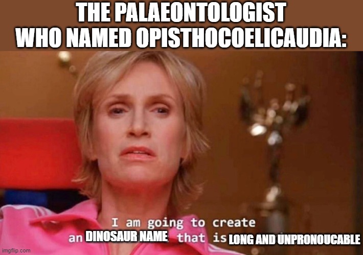 that it will take years for anyone to learn | THE PALAEONTOLOGIST WHO NAMED OPISTHOCOELICAUDIA:; DINOSAUR NAME; LONG AND UNPRONOUCABLE | image tagged in sue sylvester,dinosaurs,palaeontology memes,science,memes | made w/ Imgflip meme maker
