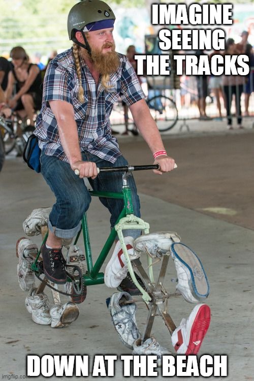 IT WOULD BE A LONG LINE OF FOOT PRINTS IN A ROW | IMAGINE SEEING THE TRACKS; DOWN AT THE BEACH | image tagged in bicycle,bike | made w/ Imgflip meme maker