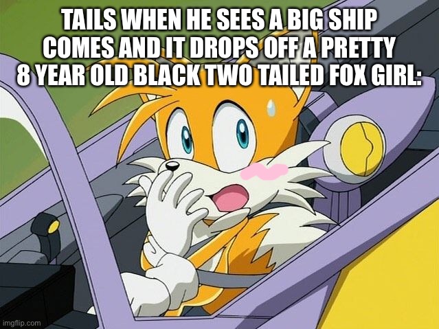 How tails and marina met. | TAILS WHEN HE SEES A BIG SHIP COMES AND IT DROPS OFF A PRETTY 8 YEAR OLD BLACK TWO TAILED FOX GIRL: | image tagged in tails,sonic the hedgehog | made w/ Imgflip meme maker