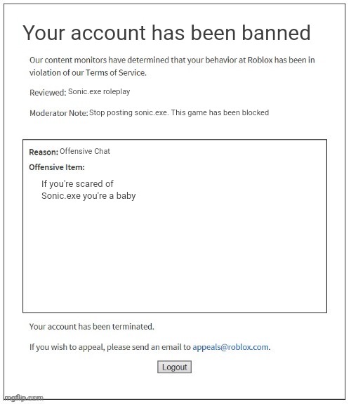 Moderation System | Your account has been banned; Sonic.exe roleplay; Stop posting sonic.exe. This game has been blocked; Offensive Chat; If you're scared of Sonic.exe you're a baby | image tagged in moderation system | made w/ Imgflip meme maker