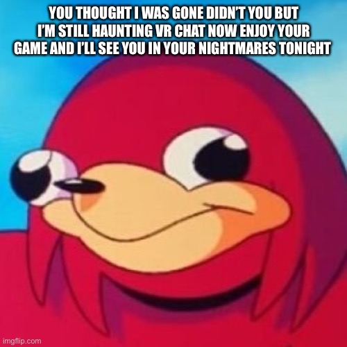 Ugandan Knuckles | YOU THOUGHT I WAS GONE DIDN’T YOU BUT I’M STILL HAUNTING VR CHAT NOW ENJOY YOUR GAME AND I’LL SEE YOU IN YOUR NIGHTMARES TONIGHT | image tagged in ugandan knuckles | made w/ Imgflip meme maker