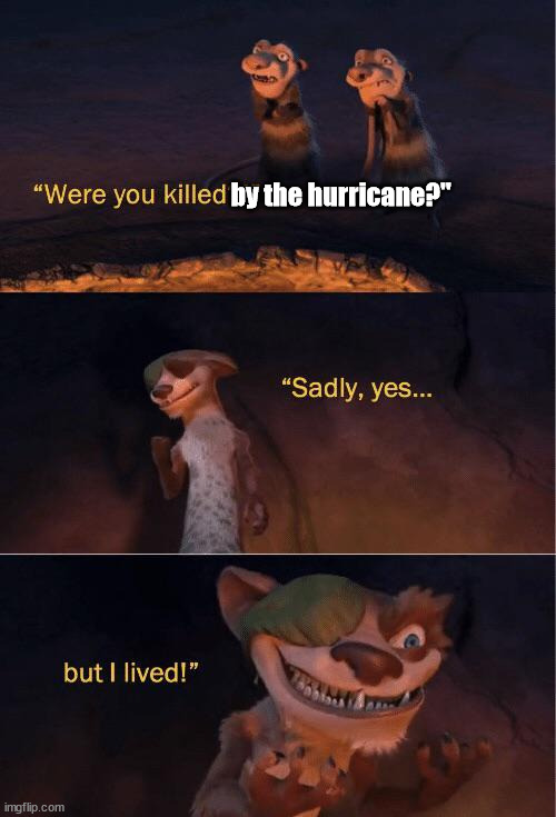 Floridians after hurricane ian | by the hurricane?" | image tagged in but i lived | made w/ Imgflip meme maker
