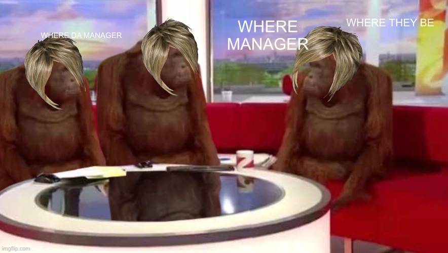 where monkey |  WHERE THEY BE; WHERE DA MANAGER; WHERE MANAGER | image tagged in where monkey | made w/ Imgflip meme maker