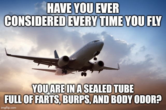 Passenger jets or flying petri dishes? | HAVE YOU EVER CONSIDERED EVERY TIME YOU FLY; YOU ARE IN A SEALED TUBE FULL OF FARTS, BURPS, AND BODY ODOR? | image tagged in air plane,gross,it's a trap,farts,burp,jets | made w/ Imgflip meme maker