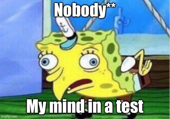 Mocking Spongebob | Nobody**; My mind in a test | image tagged in memes,mocking spongebob | made w/ Imgflip meme maker